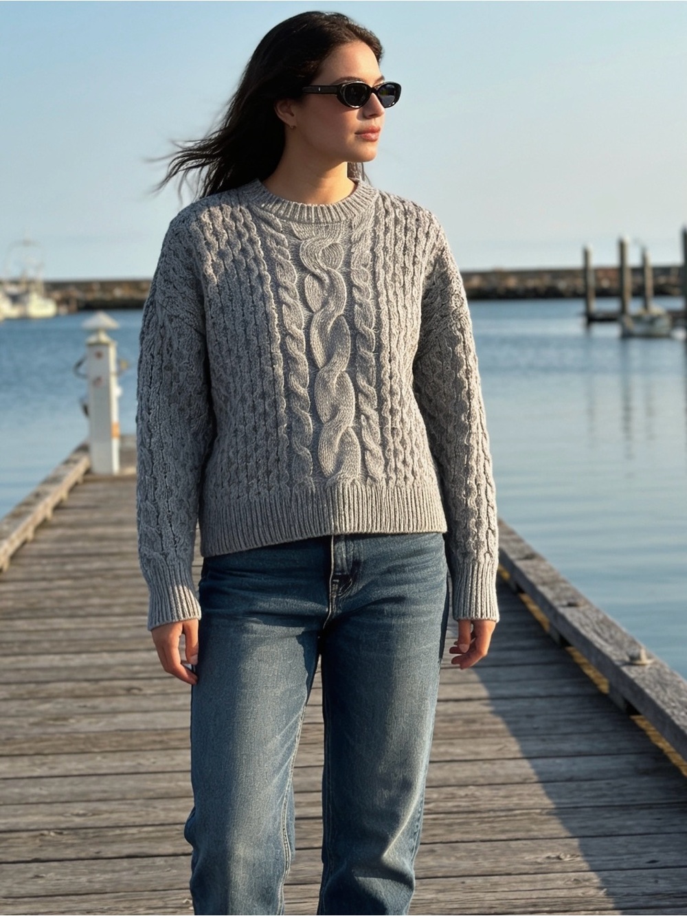 Cable Crewneck Sweater in Light Gray
